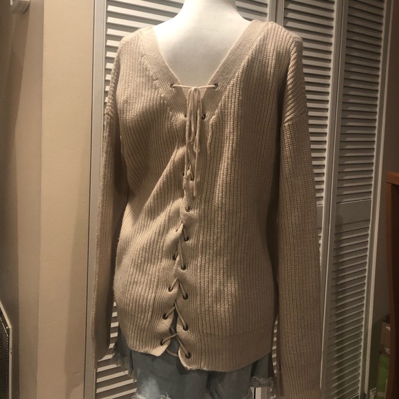 Unknown | Knit Sweater Tie Back Cream Taupe Top - Picture 6 of 8